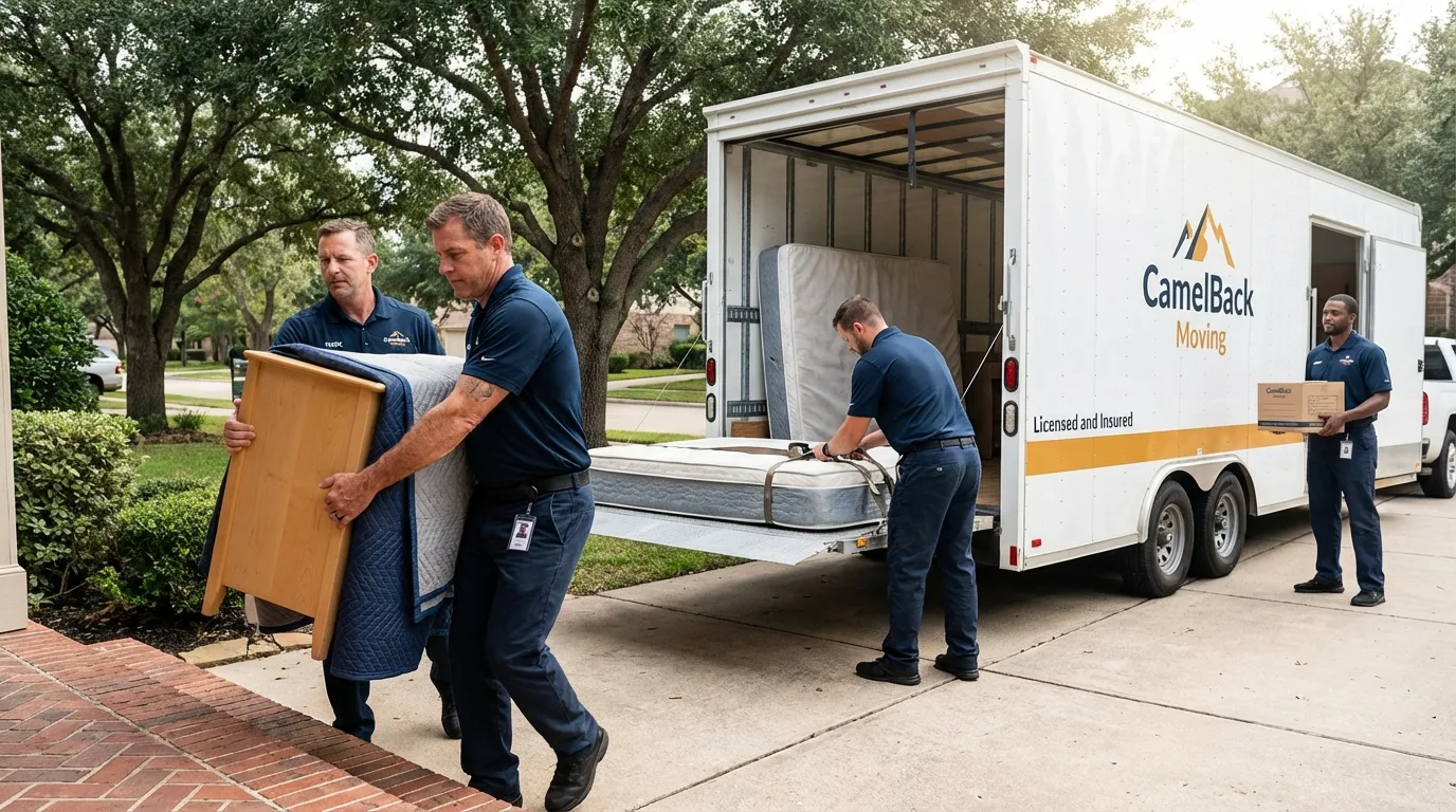 Crew loading residential truck for cross-state move from Early, TX