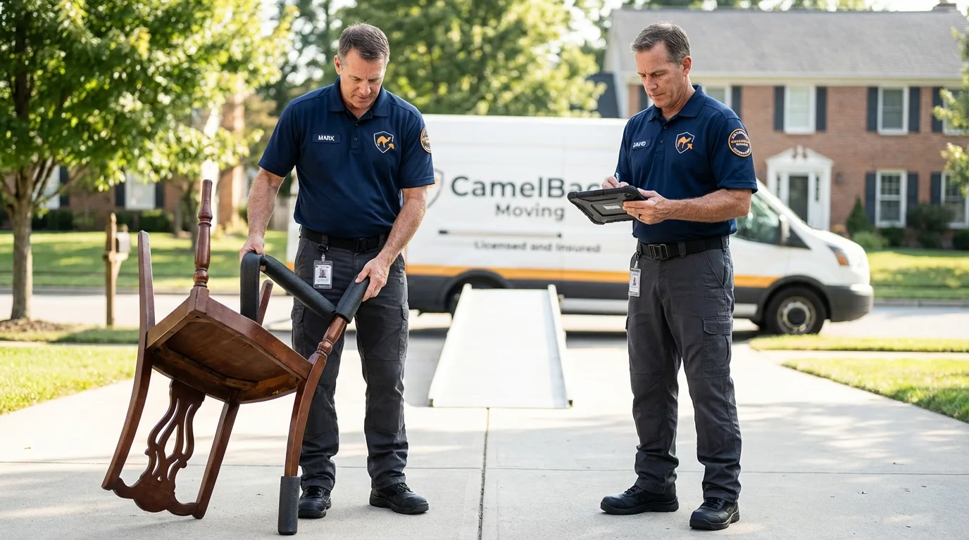 Movers inspecting furniture for damage prevention before loading in Early, TX