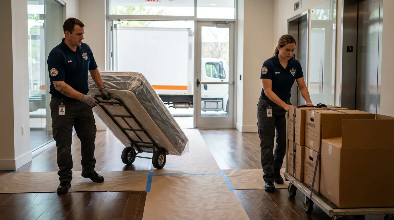 Professional apartment movers loading elevator in Early, TX