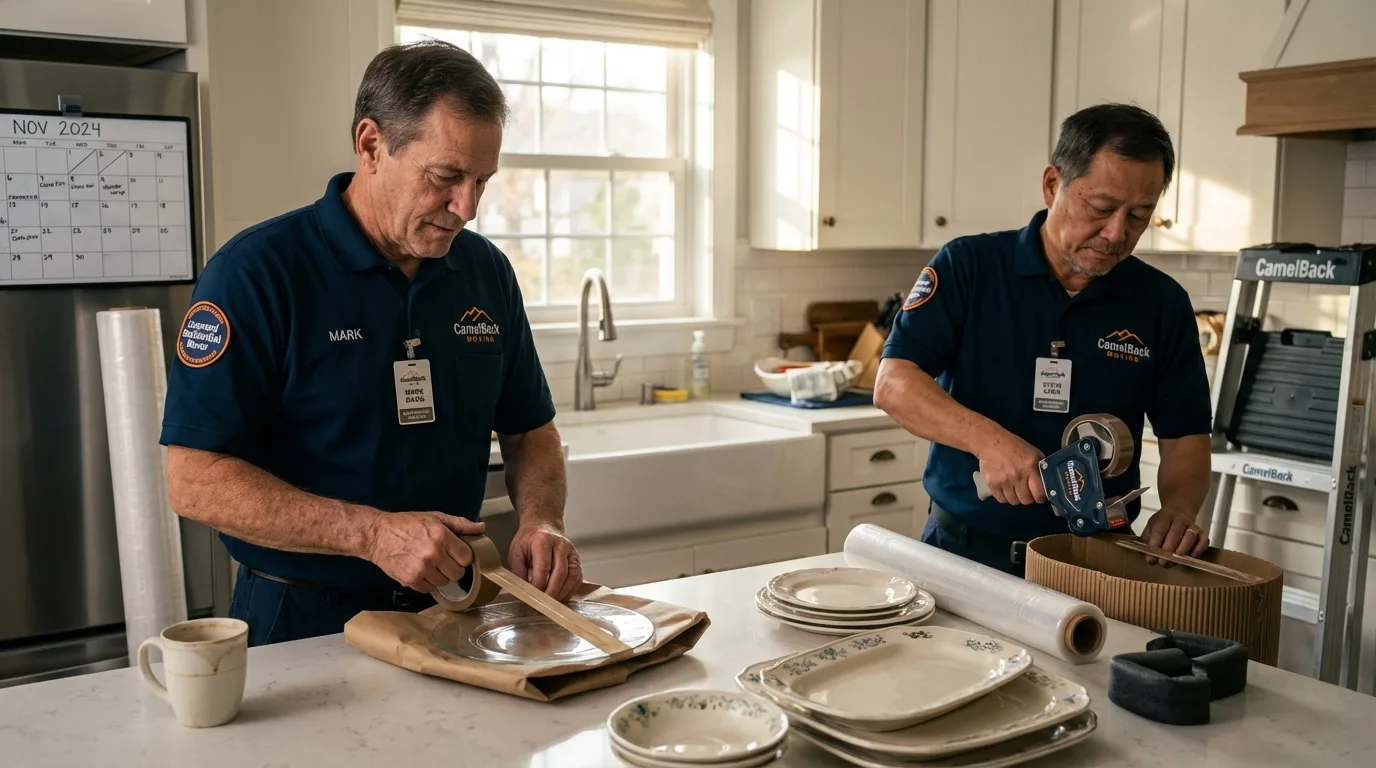 Professional crew packing kitchen dishware in Early, TX